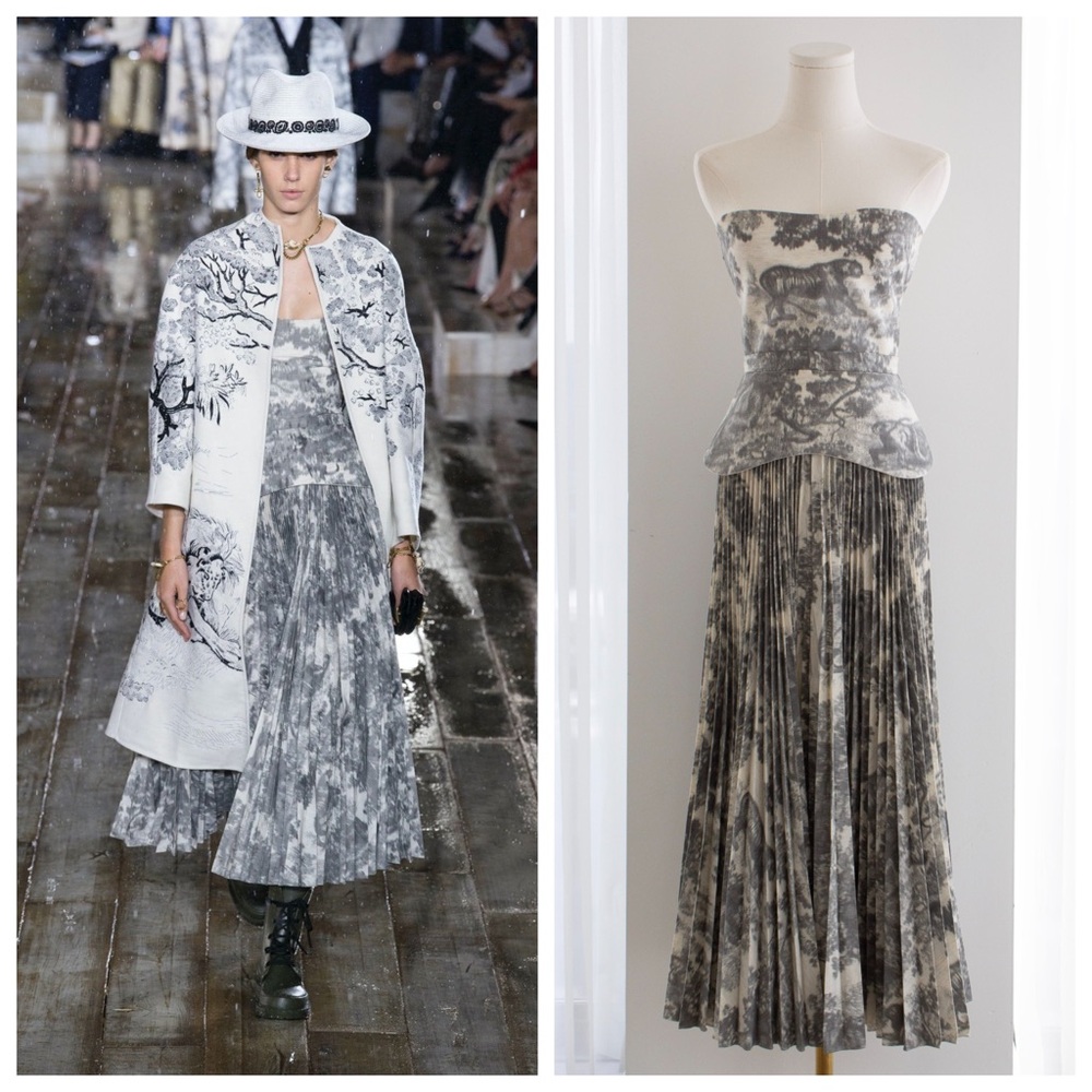 Christian Dior S/S 2019 Grey Toile De Jouy Print Corset Pleated Dress